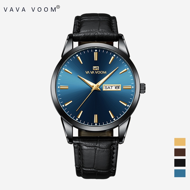 VAVAVOOM Jam Tangan Pria Original Anti Air Tahan Kulit Analog Men Watch Hitam Putih Biru Cod-2501-LH