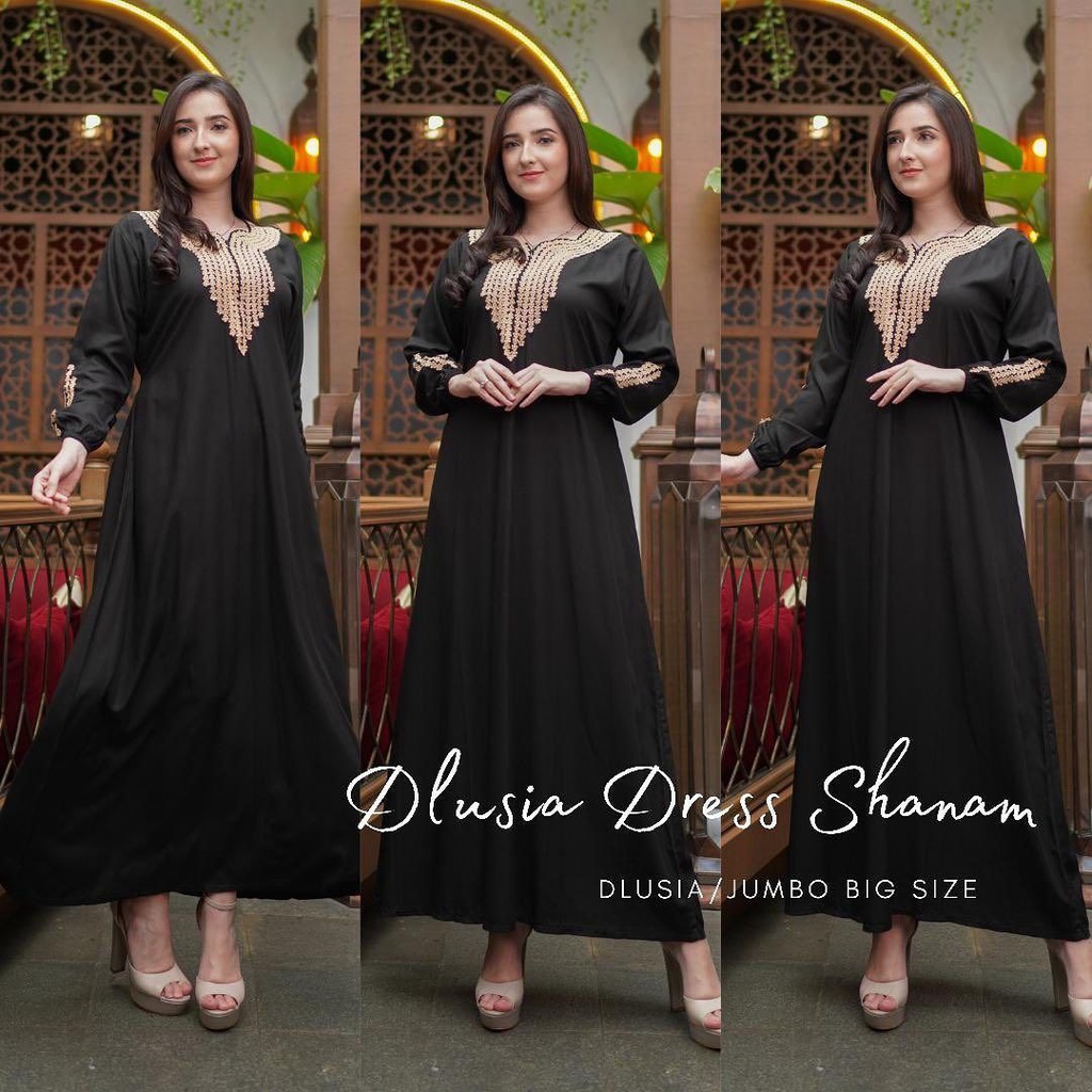 Dlusia Sanam Dress Wanita Renda Arab Rayon Premium Gamis Terbaru Baju Muslim Lace LD 110 cm