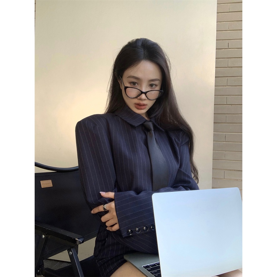 ◕☍Suhao Polo Bergaris Kerah Setelan Kemeja Pakaian Wanita Musim Gugur 2022 Baru All-Match Kemeja Longgar Rasa Desain niche Top