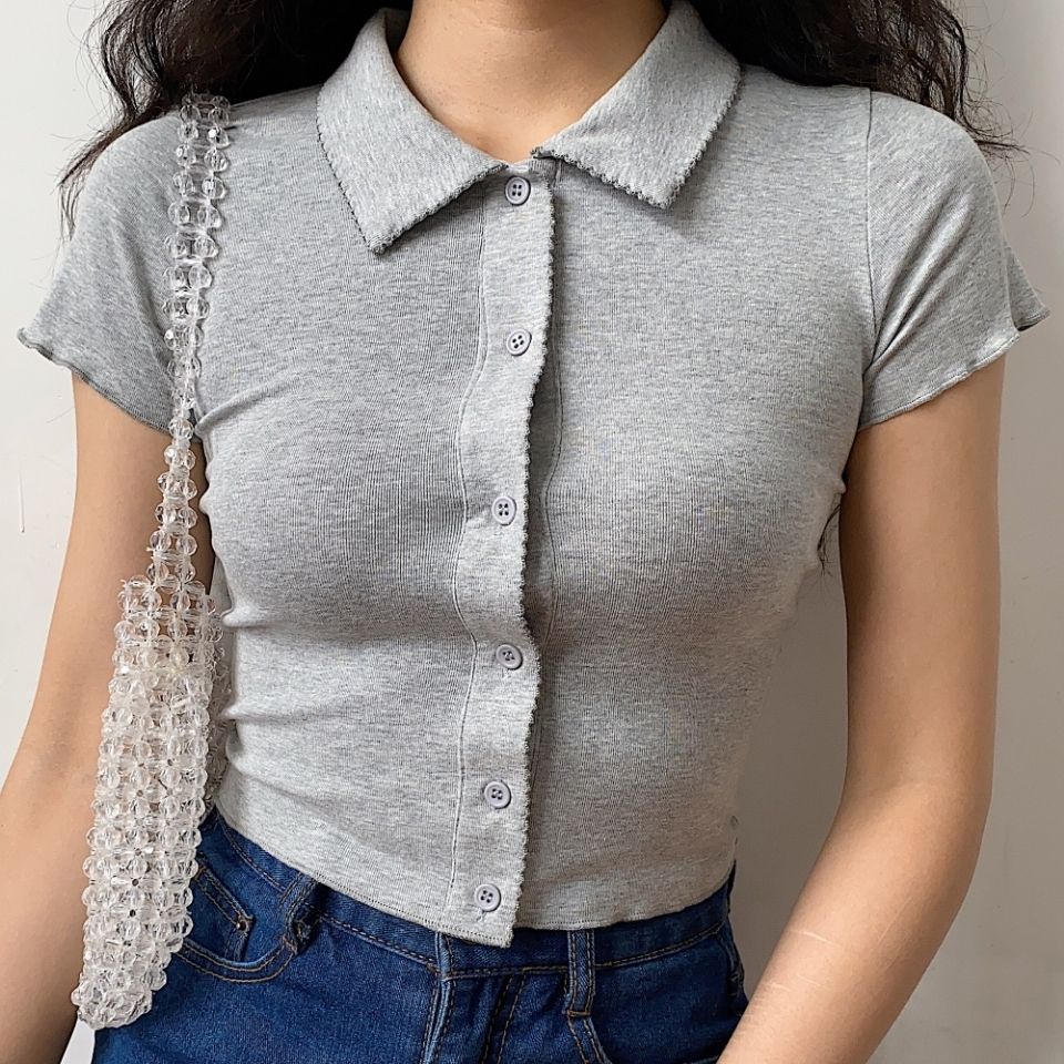 ✧✥Suhao American Retro Lapel Button-Down Kayu Telinga Lengan Pendek T-shirt Cardigan Pinggang Tinggi Pusar Pendek Slim-fit Single-Breasted Top