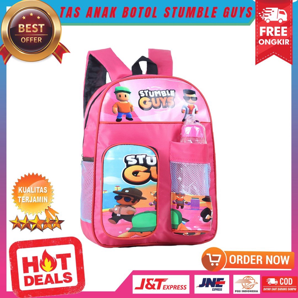 Tas Gendong Anak Cewek Motif Stumble Guys Warna Pink Ransel Anak PAUD TK Gratis Botol Minum Backpack Sekolah Ngaji TPA TPQ Murah