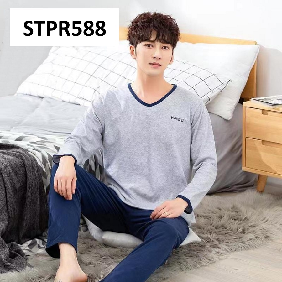 Piyama Pria Baju Tidur Pria Lengan Panjang Celana Panjang Stripe Grey