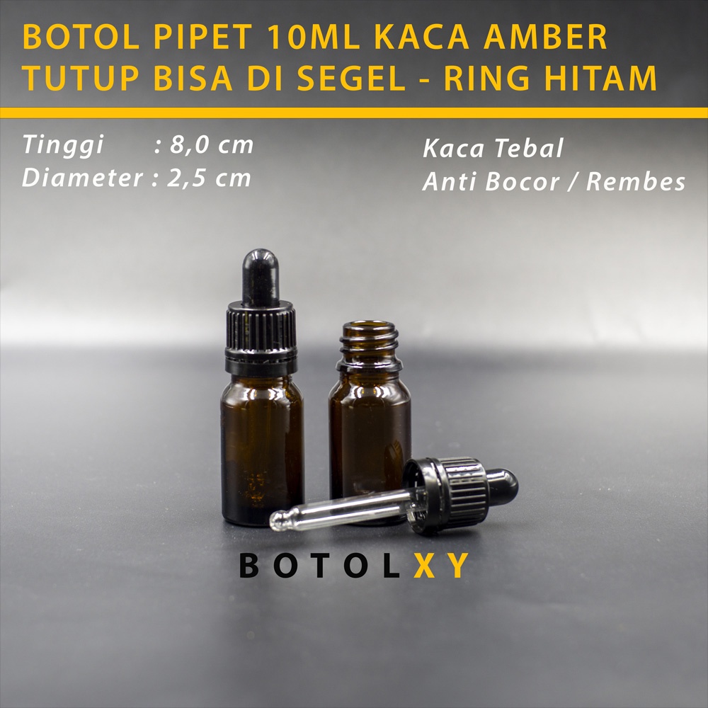 Botol Pipet Tetes 10ml Kaca Tebal Coklat / Amber - Tutup Segel Hitam