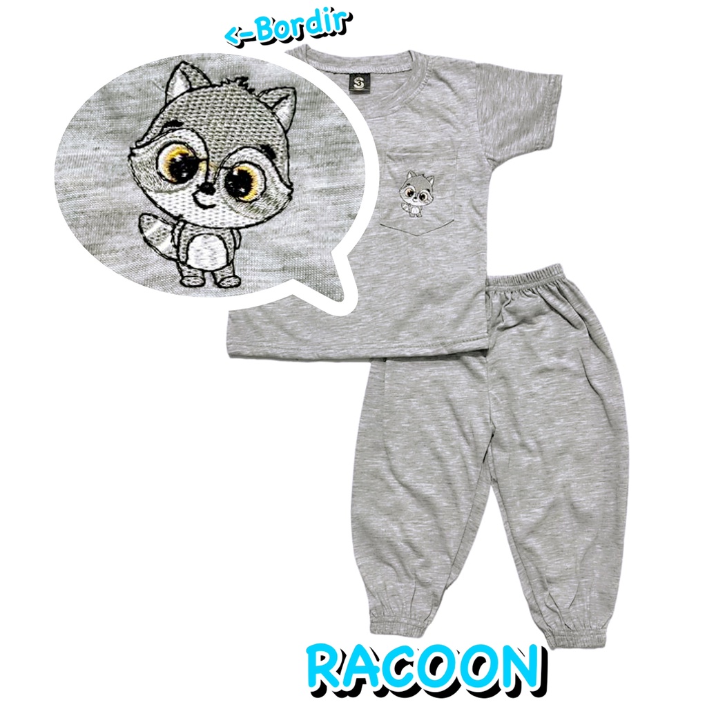 (1 KG MUAT 7 STEL) BAJU SETELAN CP JOGER FASHION OBLONG ANAK LAKI-LAKI/COWOK BAHAN KAOS KATUN ABU KANTONG BORDIR RACOON/MUSANG