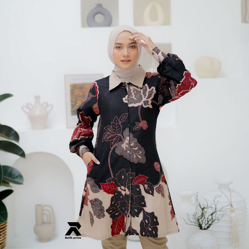 Tunik Batik Wanita Terbaru Seragam Batik Wanita Lengan Balon Baju Batik Wanita Modern Atasan Batik Wanita