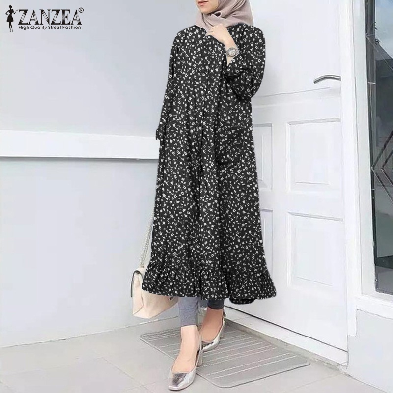 ZANZEA Women Button Down Front Long Sleeve Ruffles Hem Muslim Long Dress