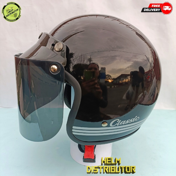 HELM BOGO CLASSIC RETRO MURAH KACA DATAR HITAM BENING UNTUK DEWASA PRIA DAN WANITA (COD)