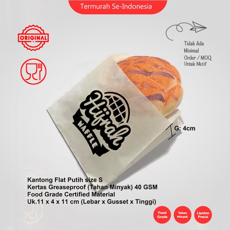 (CUSTOM) Kantong Kertas Makanan Flat Fries Uk. 11x4x11 cm / Bungkus Makanan Kantong Kertas Wafgle, R