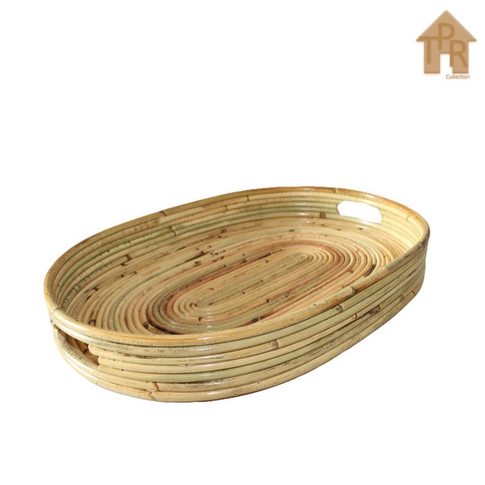 Rotan - Set Nampan Baki Tray Oval Natural Gloss Rotan Utuh 2 PCS.