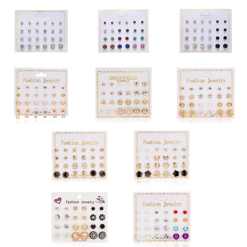 Fancyqube 12pasang /Set Fashion Manik Kristal Stud Anting Set Untuk Wanita Geometris Bunga Ikatan Simpul Mutiara Anting-Anting Pernyataan Pesta Perhiasan Hadiah