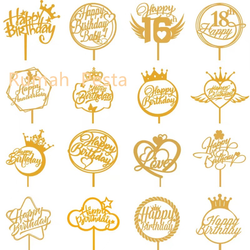 Cake Topper Happy Birthday Gold 10pcs / Topper Cake Dekorasi Kue Ultah