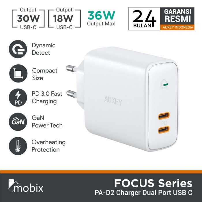 Charger Aukey PA-D2 36W Dual Port USB-C PD