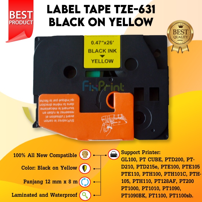 Label Tape TZE-631 TZE631 12 mm x 8 m Black On Yellow Printer Brother