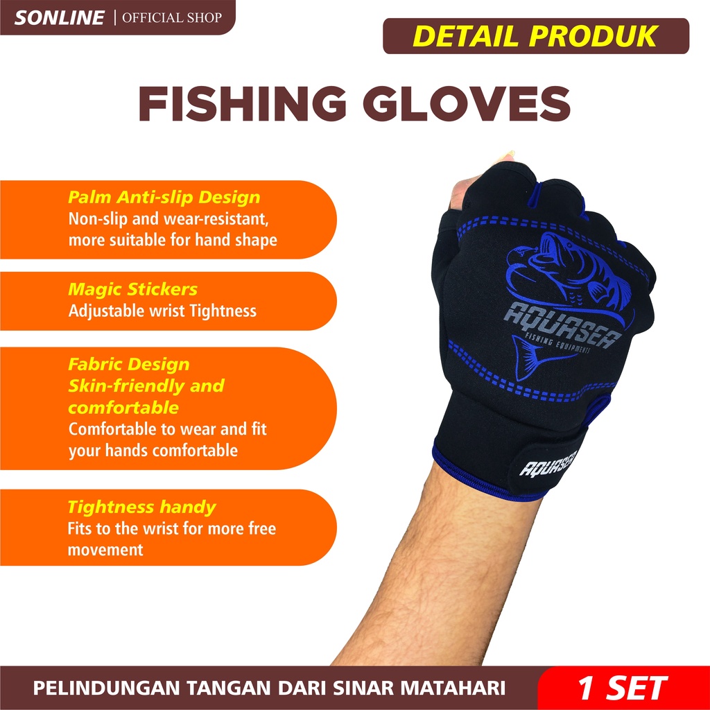 SONLINE Sarung Tangan Mancing Warna Hitam Biru Anti-Slip Gloves Waterproof Fishing Gloves Premium