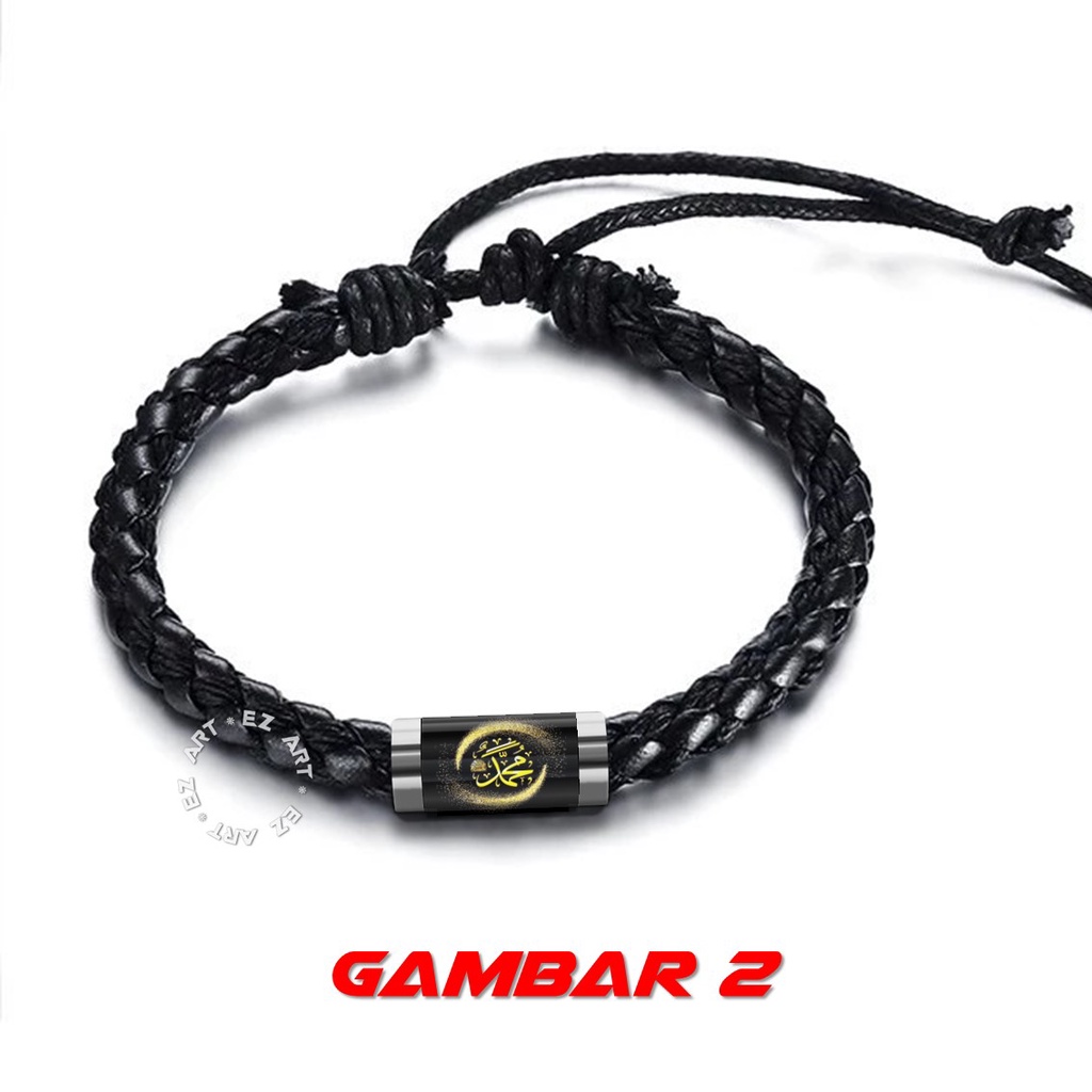 GELANG SIMPLE LAFADZ ALLAH MUHAMMAD TALI KULIT KEPANG GAMBAR KACA EPOXY TABUNG STAINLESS STEEL MUSLIM ISLAMI