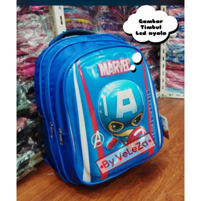 Tas troli anak karakter superhero kapten led gambar 3D - Tas sekolah TK SD - Tas troli