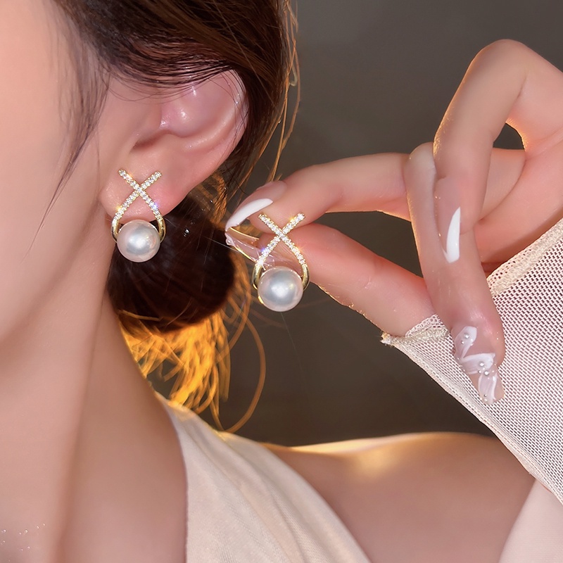 YEEZII Anting Tulip Mutiara Elegan Untuk Wanita Manis Kristal Busur Busur Anting Aksesoris Perhiasan