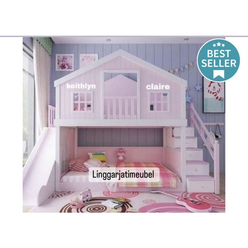Tempat tidur tingkat Bentuk Rumah Perosotan Seluncur anak perempuan dewasa kayu 3 susun dipan tingka