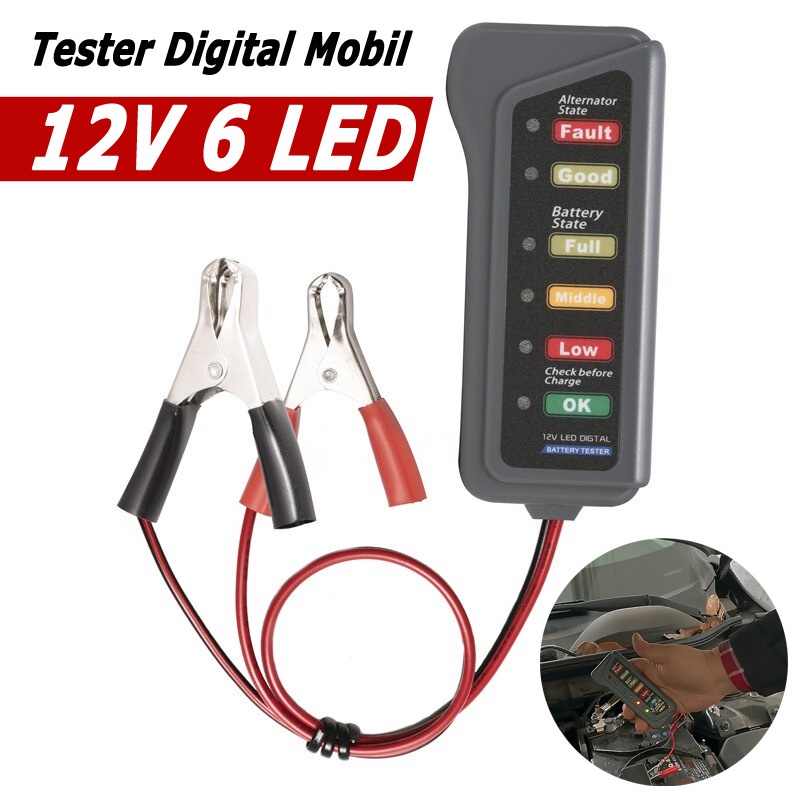 TESTER BATERAI AKI MOBIL MOTOR DIGITAL 12 VOLT 6 LED INDICATOR TESTER BATERAI MOBIL TESTER AKI MOBIL
