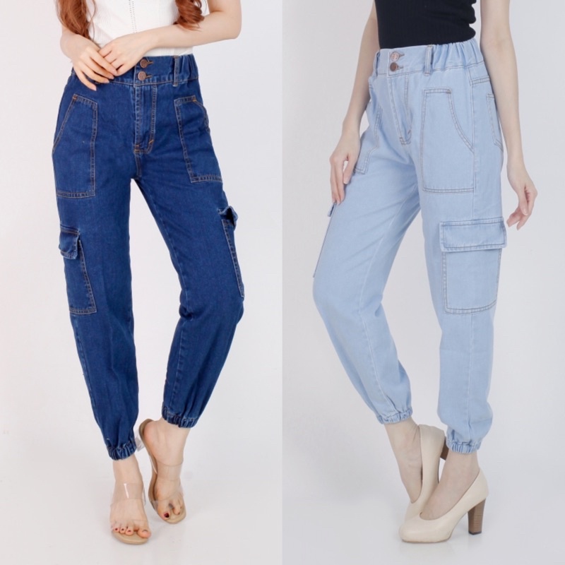 2 warna - celana cargo pants jogger cewek murah wanita allsize JSK 2305 2306 snow hitam acid biru da