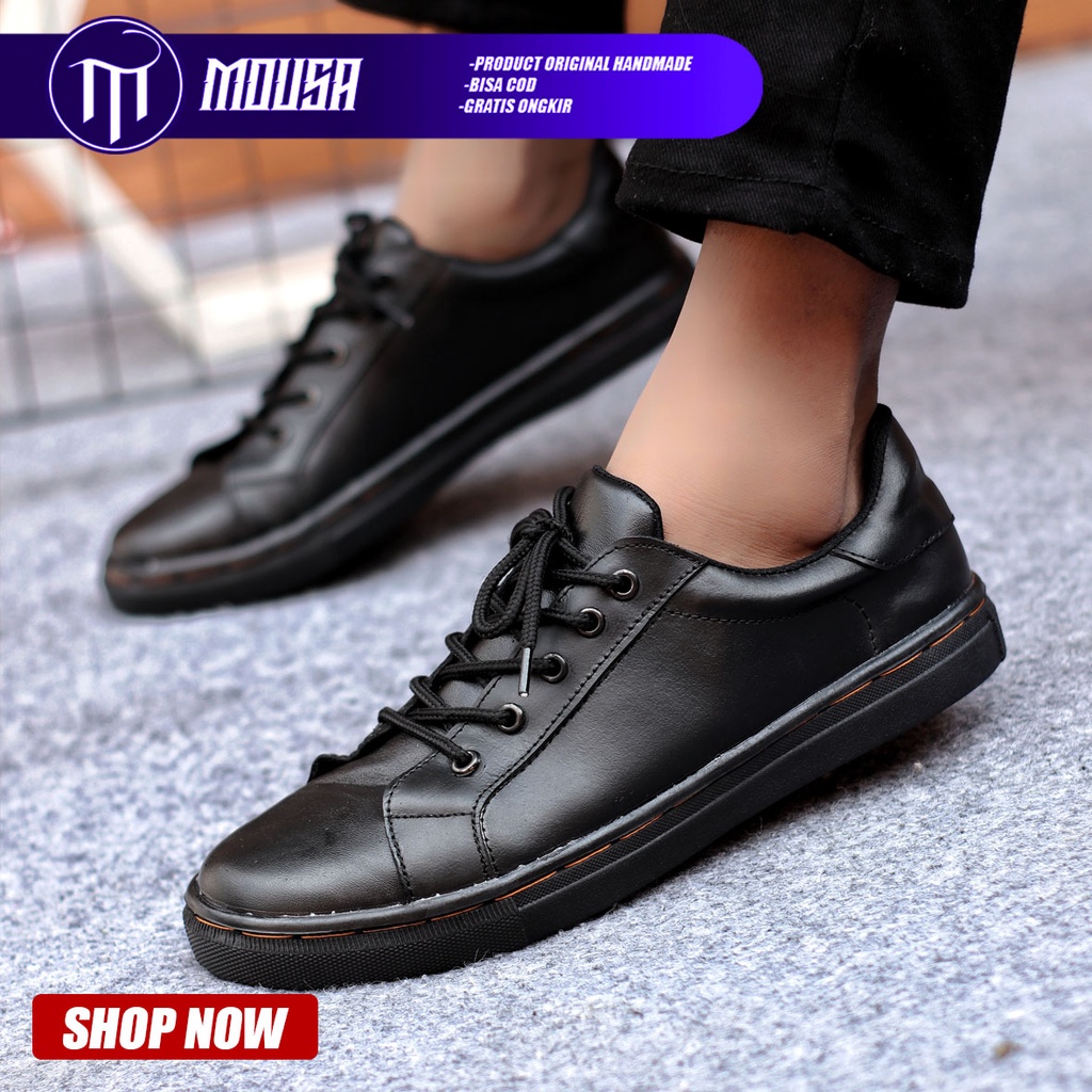 Sepatu Sneakers Pria Casual Kulit Asli  Kerja Kuliah Kondangan Hitam Mousa Fiksi