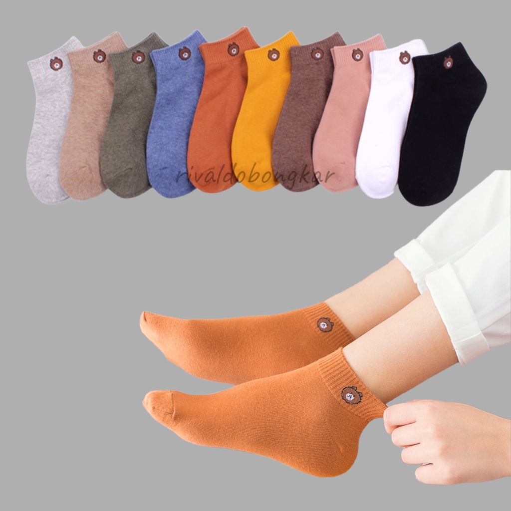 Kaos kaki pendek wanita notif beruang 3 dan 6 pasang random