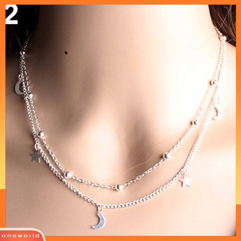 [WONE] Kalung Pendek Dipoles Manik Bintang Sabit Multilayer Sederhana Vintage Wanita