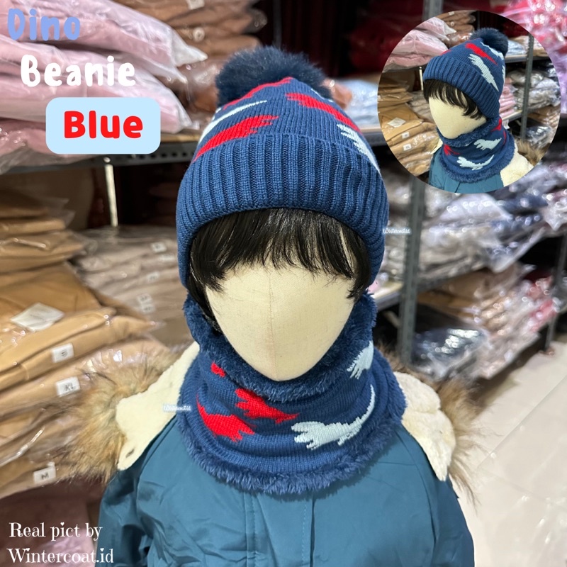 Beanie set anak winter topi kupluk anak dino bayi baby hat scarf musim dingin import hangat bromo dinosaurus cowok