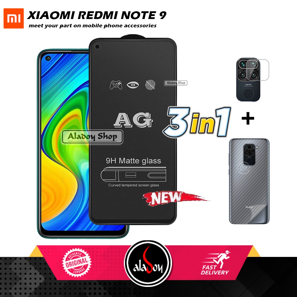 Paket 3IN1 Tempered Glass Layar Matte Anti Glare XIAOMI REDMI NOTE 9 Free Tempered Glass Camera dan Skin Carbon