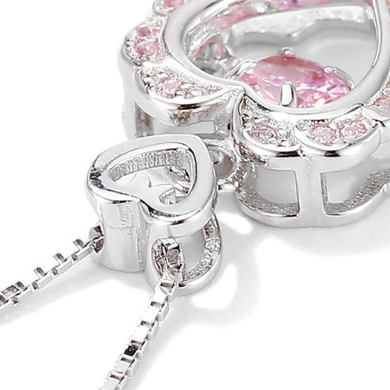 Fancyqube Korea Fashion Hollow Pink Kristal Hati Liontin Kalung Rantai Warna Silver Untuk Wanita Pernikahan Perhiasan Aesthetic