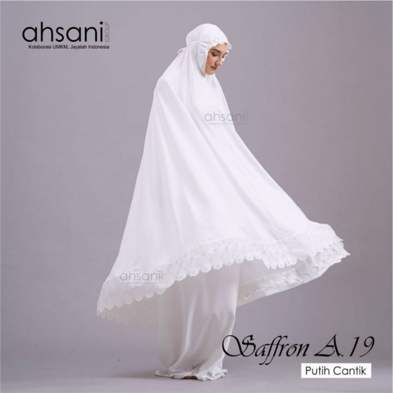 MUKENA AHSANI SAFFRON A19 MUKENAH PUTIH RAYON TWILL MUKENA JUMBO UMROH HAJI