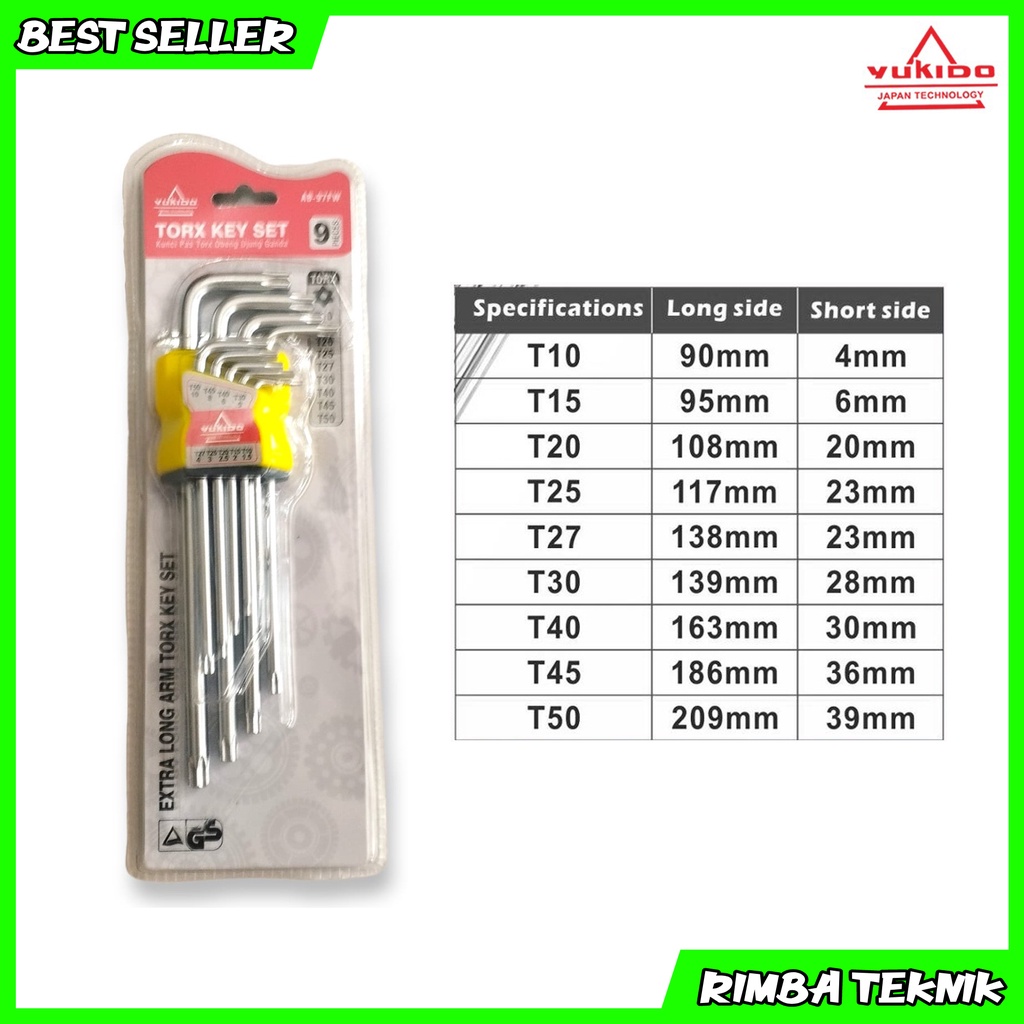 YUKIDO Kunci L panjang dan bintang set 9 pcs panjang kombinasi / Torx key set 9 pcs T10 - T50