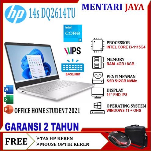 LAPTOP HP 14s DQ2614TU CORE i3 1115G4 8GB SSD 512GB 14.0 FHD IPS WINDOWS 11 + OHS