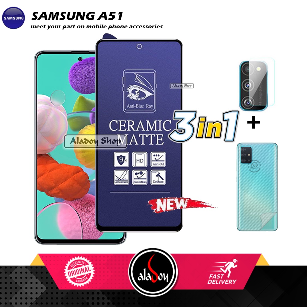 PAKET 3IN1 Anti Gores Blue Matte Anti Glare Samsung A51 + Tempered Glass Camera dan Skin Carbon