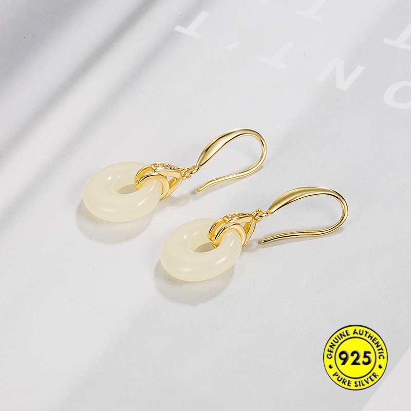 Anting Gesper Pengaman Giok Hetian Giok Hetian Liontin Oval Wanita U1166