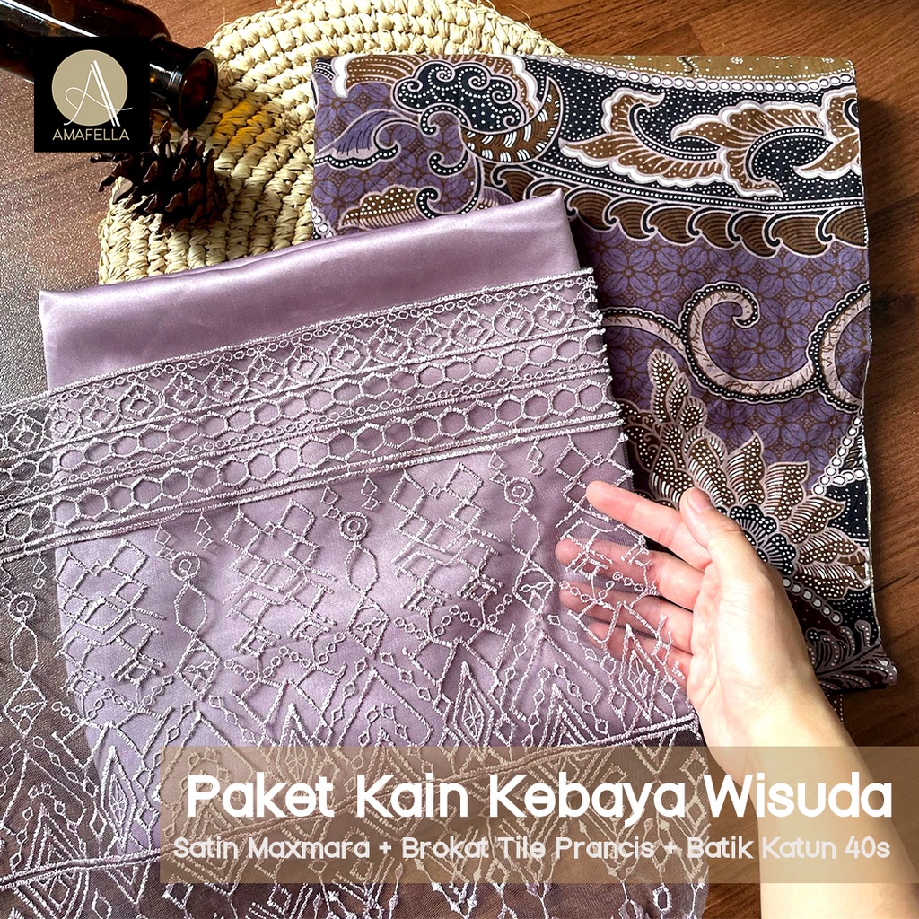 Paket Kain Kebaya Wisuda Seragaman Premium Bridesmaid Lamaran Keluarga Lengkap Satin Brokat Batik Warna Rich Lilac / Taro