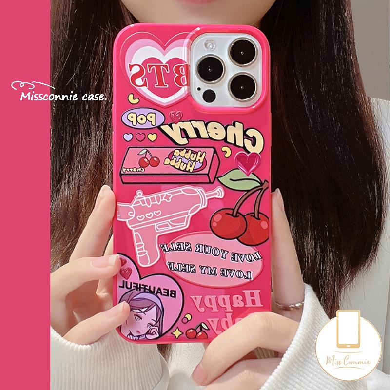 IPHONE Case Cocok Untuk Iphone7 8 Plus 11 13 12 14 Pro Max XR X XS Max SE 2020 Candy Glossy Shockproof Protection Camera Rose Red Label Kartun Cherry Lembut TPU Silicon Back Cover