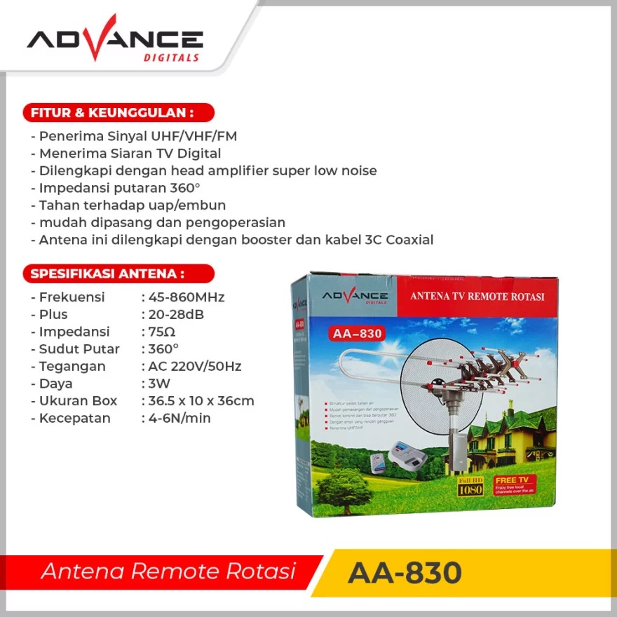 Antena TV Digital Advance AA-830 / Antena Remote Digital | Antena TV Remot Advance AA 830 Model Parabola Full HD rotasi 360° plus Booster , remot | Antena TV Outdoor Advance Antenna Remote AA-830 | FMS