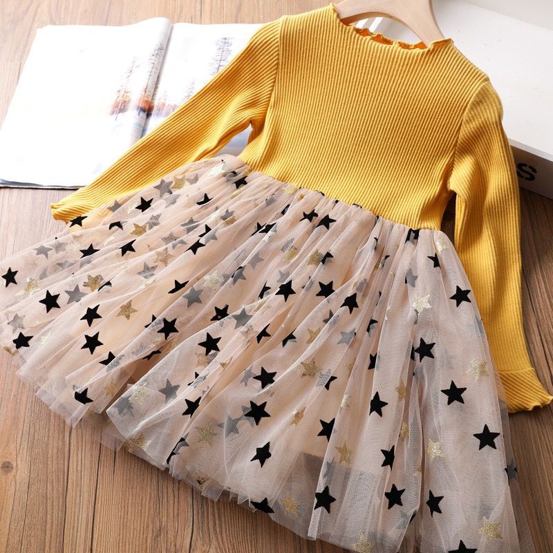 Dress Anak Perempuan Lengan Panjang Rok Tutu Motif Star