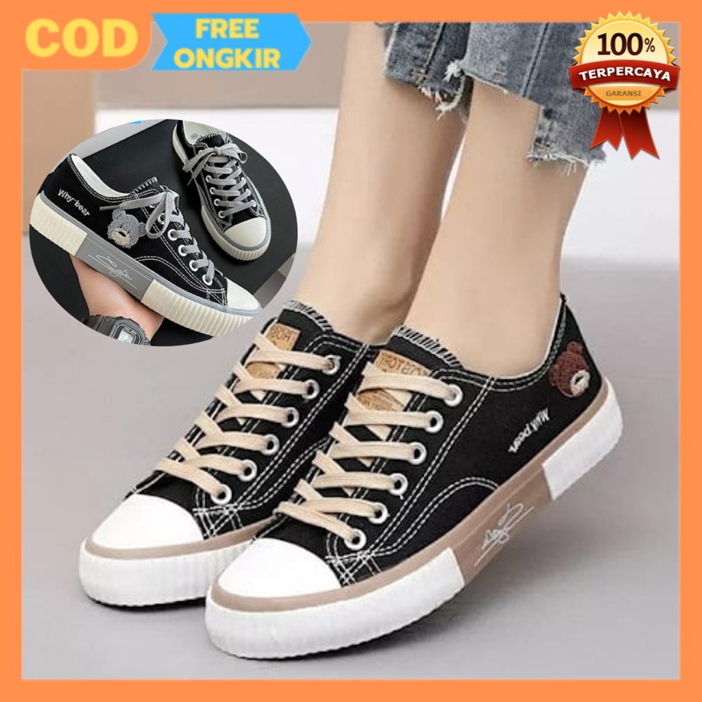 Sepatu Sneakers Wanita Cewe Perempuan Casual Tali Motif Beruang Bear Trendy Korea style