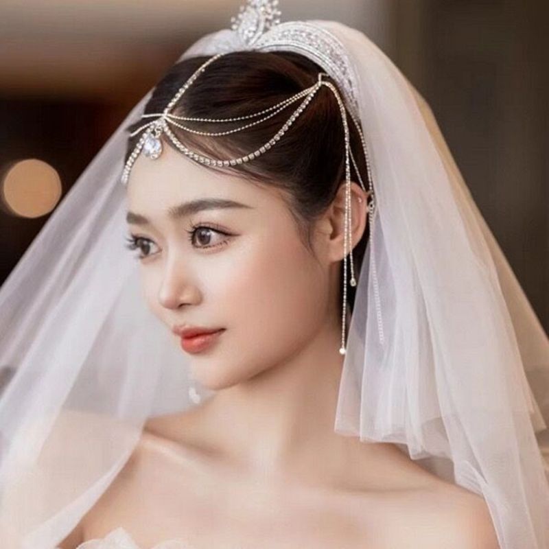 BIN-08 Headchain permata warna silver hiasan dahi aksesoris rambut model pengantin wanita bindi hindi india