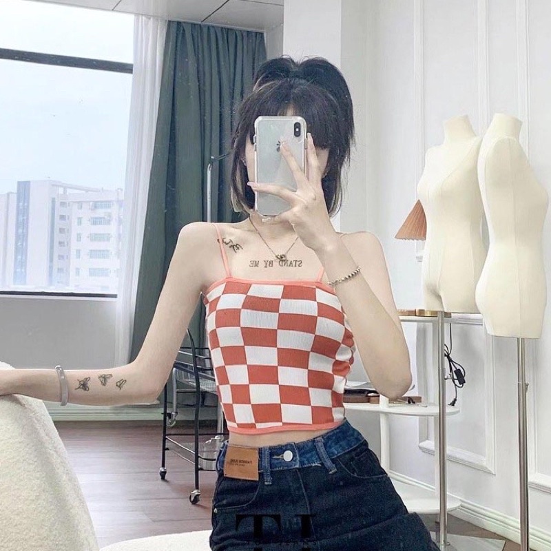 Tanktop Wanita Motif Kotak Bra Wanita Model Papan Catur Pakain Dalam Wanita Crop Top Rajut Ala Korea