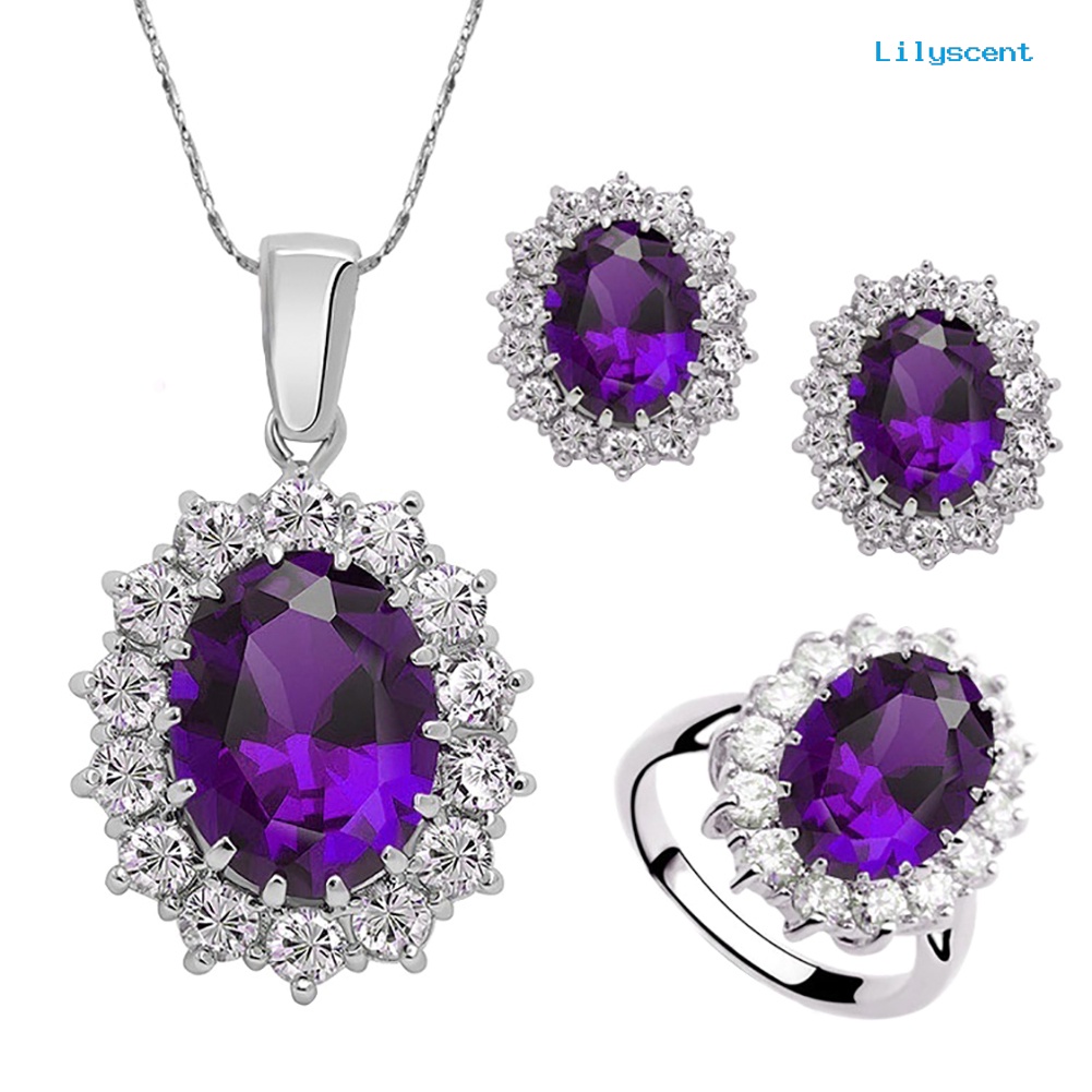 [LS] 3pcs/set Oval Permata Imitasi Penuh Berlian Imitasi Pesona Anting Kalung Cincin Lady Jewelry