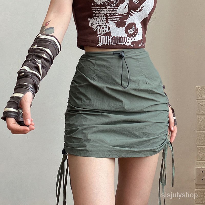 Keren Sativa Hottie Drawstring Adjustable Rok Setengah Rok Rok Pinggul Jalan Goreng Pinggang Tinggi