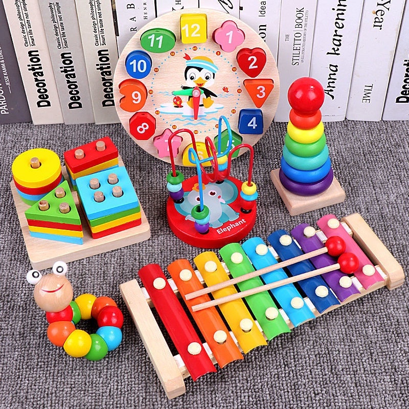 Mainan Anak Basic Kayu Edukasi Sensory Montessori Jam Puzzle 3D Shape Geometri Xylophone