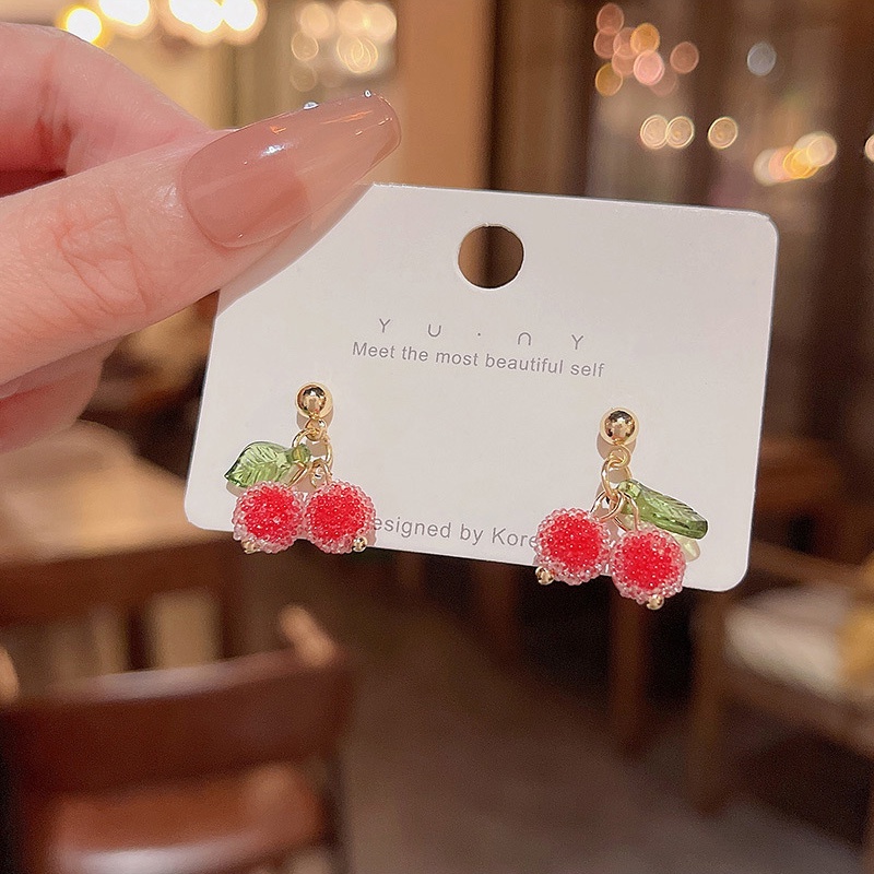 925 Perak Jarum Gula Manik-Manik Cherry Anting Fashion Perempuan Anting Lucu