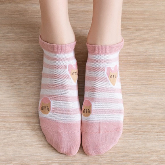 IL - KAOS KAKI PENDEK WANITA LUCU SEMATA KAKI KOREA WARNA SOFT PASTEL PUTIH PINK MUDA PEACH CORAL MOTIF HEWAN KUCING SC46