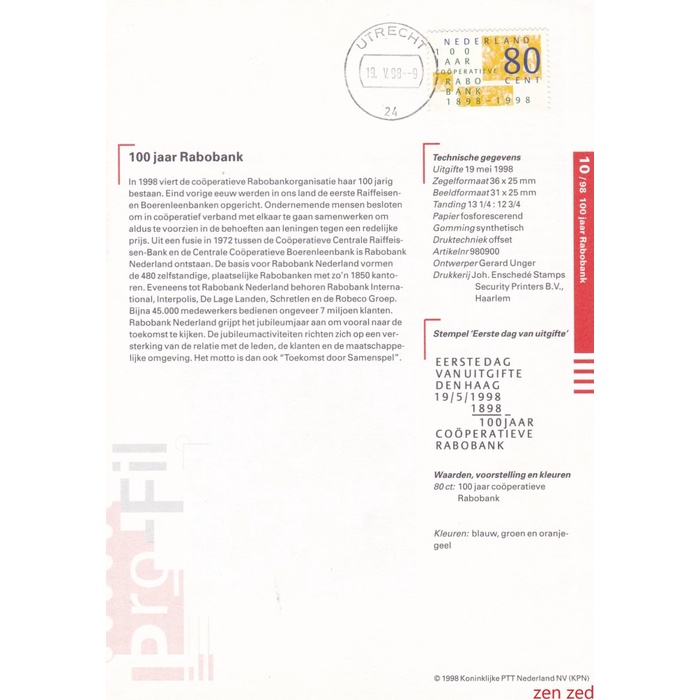

A291 Prangko Info Page Belanda 1998 The Co-operative Rabobank 1 Pcs