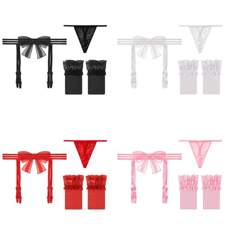 Lingerie Sexy Hot Transparan G String Busur pita Garter Belt  Set Lingerie 3T10