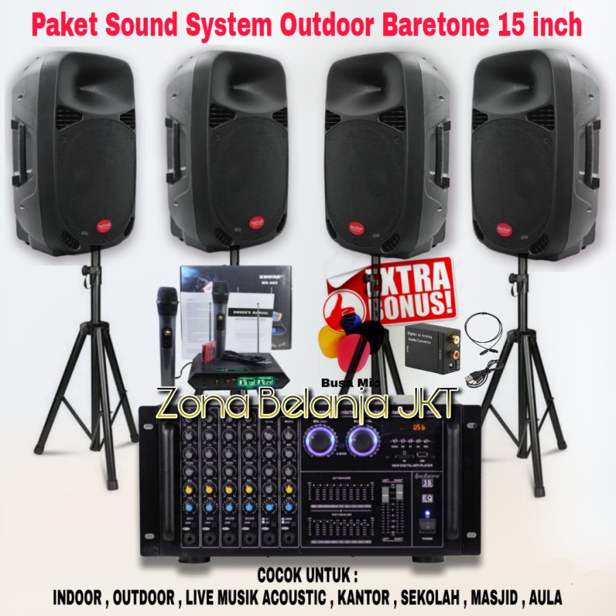 PAKET SOUND SYSTEM INDOOR OUTDOOR KARAOKE SPEAKER BARETONE 15 INCH USB BLUETOOTH MIC WIRELESS ( SET 2 )